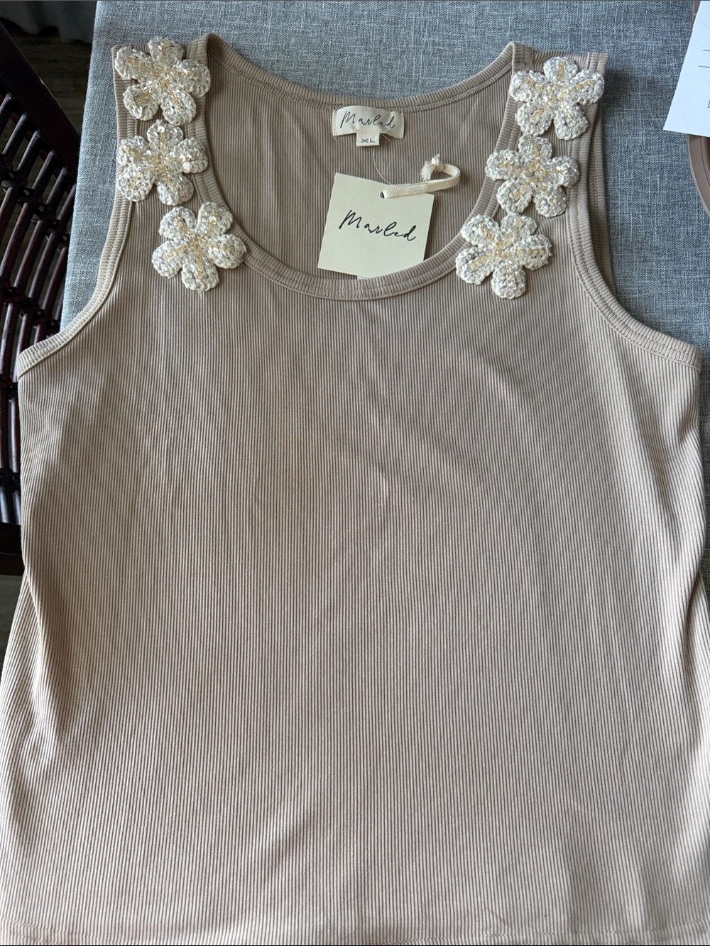 Marled Tan Ribbed Tank with Beaded Floral Straps